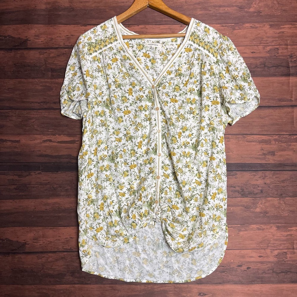 Max Studio Women's White Yellow Floral Print Top Button-Up Knot Size Large